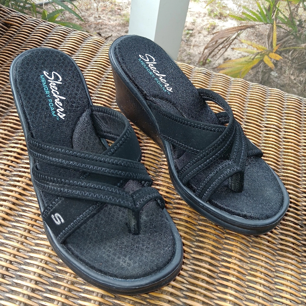 Reposhed Skechers Memory Foam Wedge Sandals Black Size 9